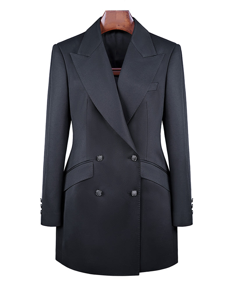 Deep Black Silk Wool Acetate Long Blazer Suitpure