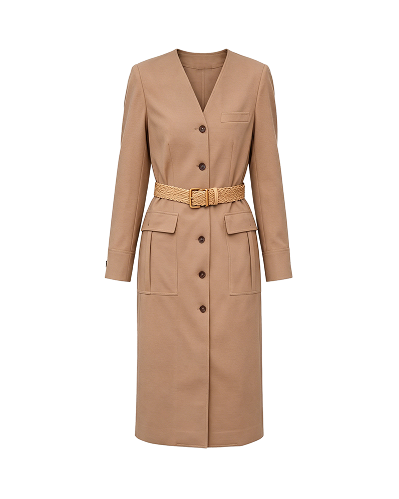 Women Khaki V Neck Long Sleeve Business Casual Trench Shirt Dress Suitpure