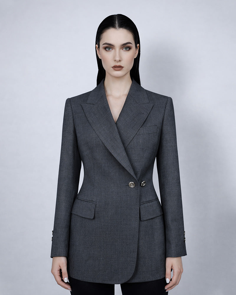 Classic Charcoal Wool Blazer with Round Hem