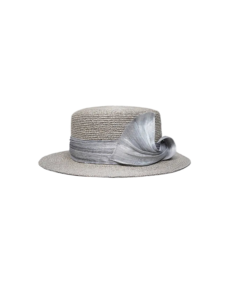 Women Chiffon Big Bow Wide Brim Light Grey Flat Top Straw Sun Hat Suitpure