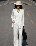Women White 3 Piece Tencel Linen Suit Blazer Vest Wide Leg Pants