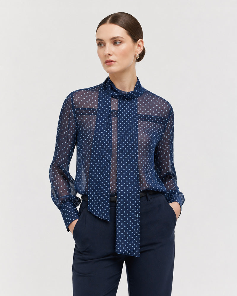 Navy Polka Dot Scarf Collar Blouse Suitpure