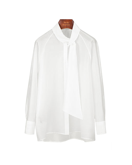 Elegant Bow Neck Tie White Loose Fit Chiffon Blouse Suitpure