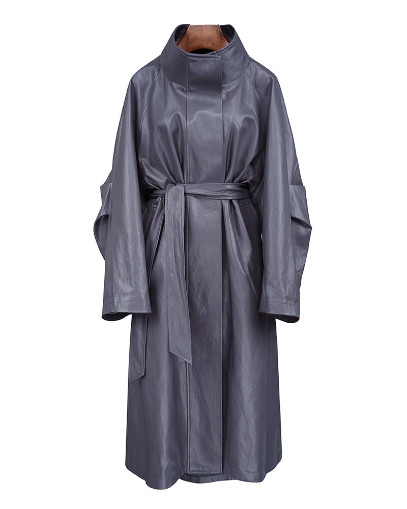 Cement Leather Trench with Clean Silhouette