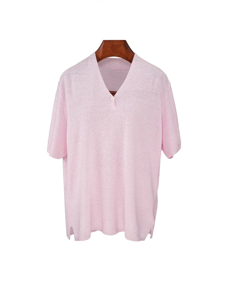 V-Neck Wool Linen Relaxed Knit Short Sleeve Top Suitpure