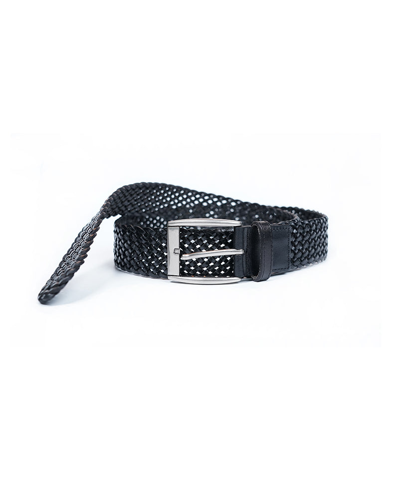 Vintage Black Braided Leather Belt with Silver Pin Buckle Suitpure