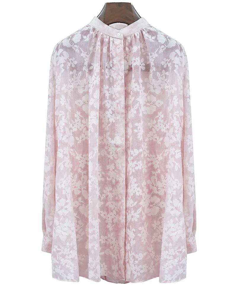 Pink Floral Stand Collar Blouse Suitpure