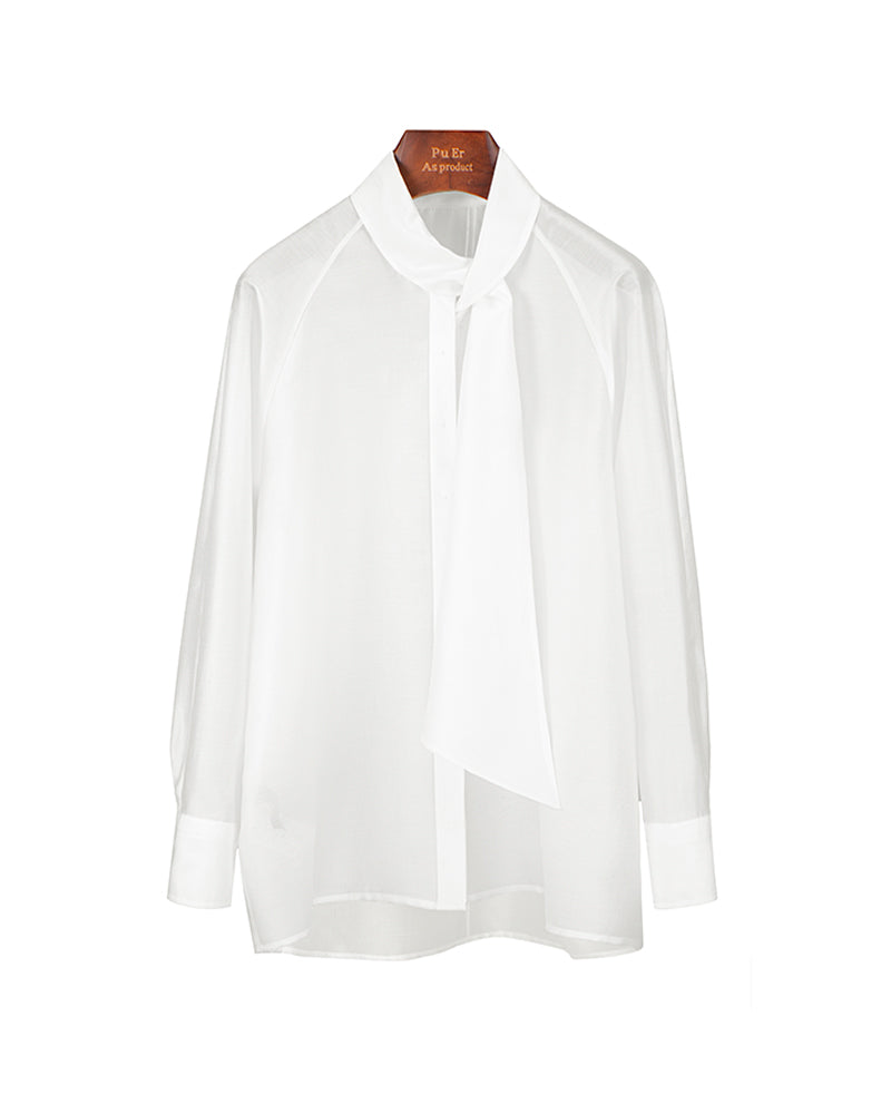 Elegant Bow Neck Tie White Loose Fit Chiffon Blouse Suitpure
