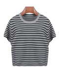 Grey-Black Stripe Knit Short Sleeve Top Suitpure