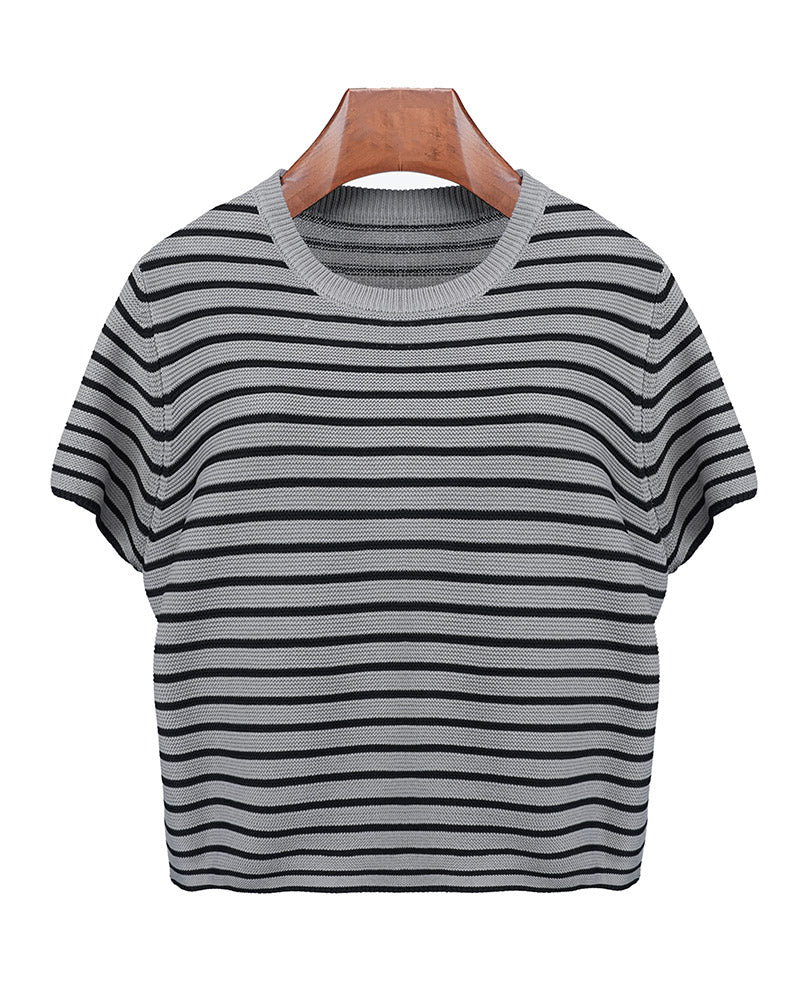 Grey-Black Stripe Knit Short Sleeve Top