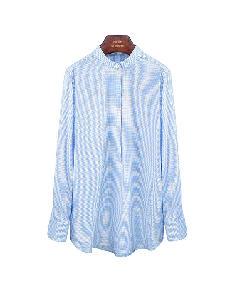 Women's Mandarin Collar Popover Shirt | 60% Cotton 20% Tencel 20% Bamboo Fiber Light Blue Micro Check Blouse