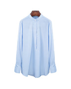 Women's Mandarin Collar Popover Shirt | 60% Cotton 20% Tencel 20% Bamboo Fiber Light Blue Micro Check Blouse