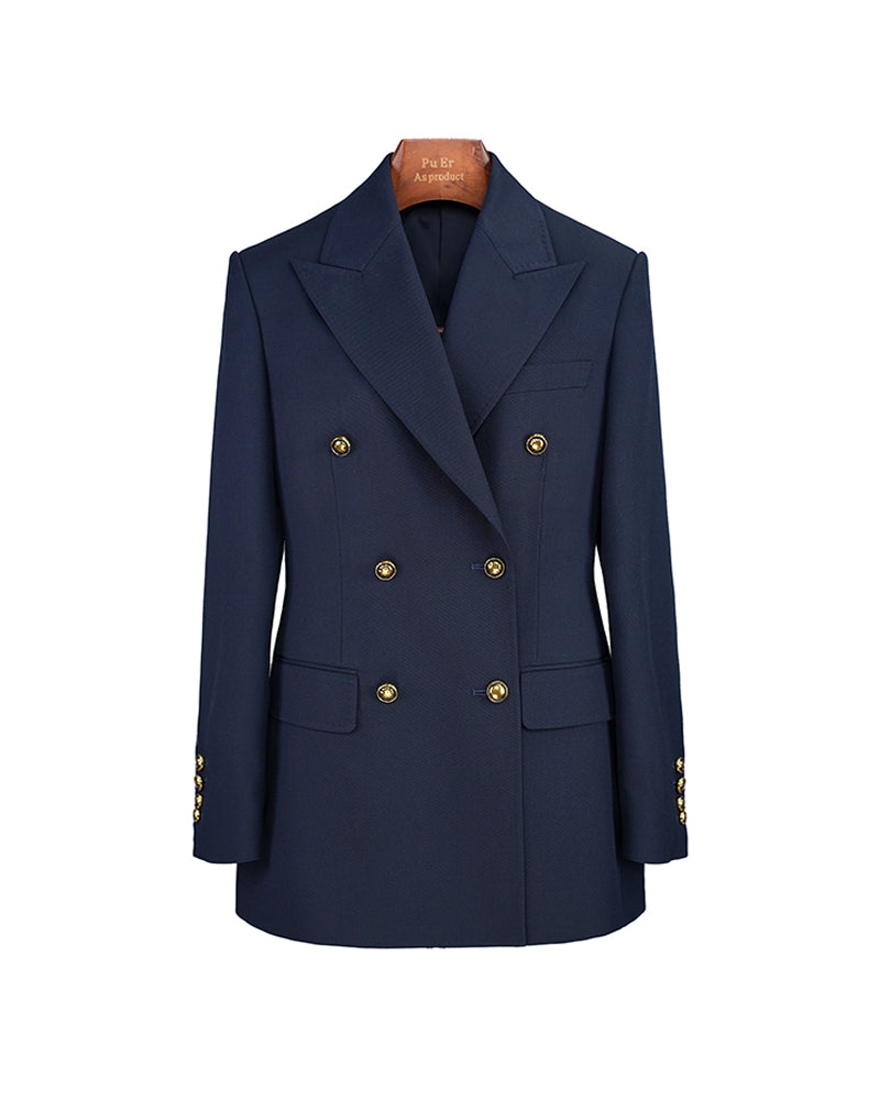 Navy 100% Wool Cavalry Twill Double Breasted Blazer | 100% Wool