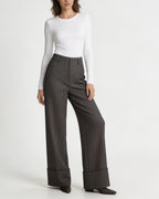 Dark Brown Wide Stripe Wool High-Rise Easy Wide-Leg Pants Suitpure