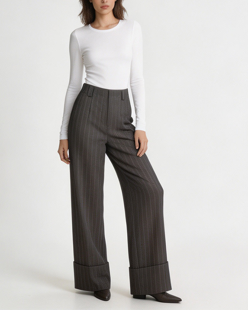Dark Brown Wide Stripe Wool High-Rise Easy Wide-Leg Pants Suitpure