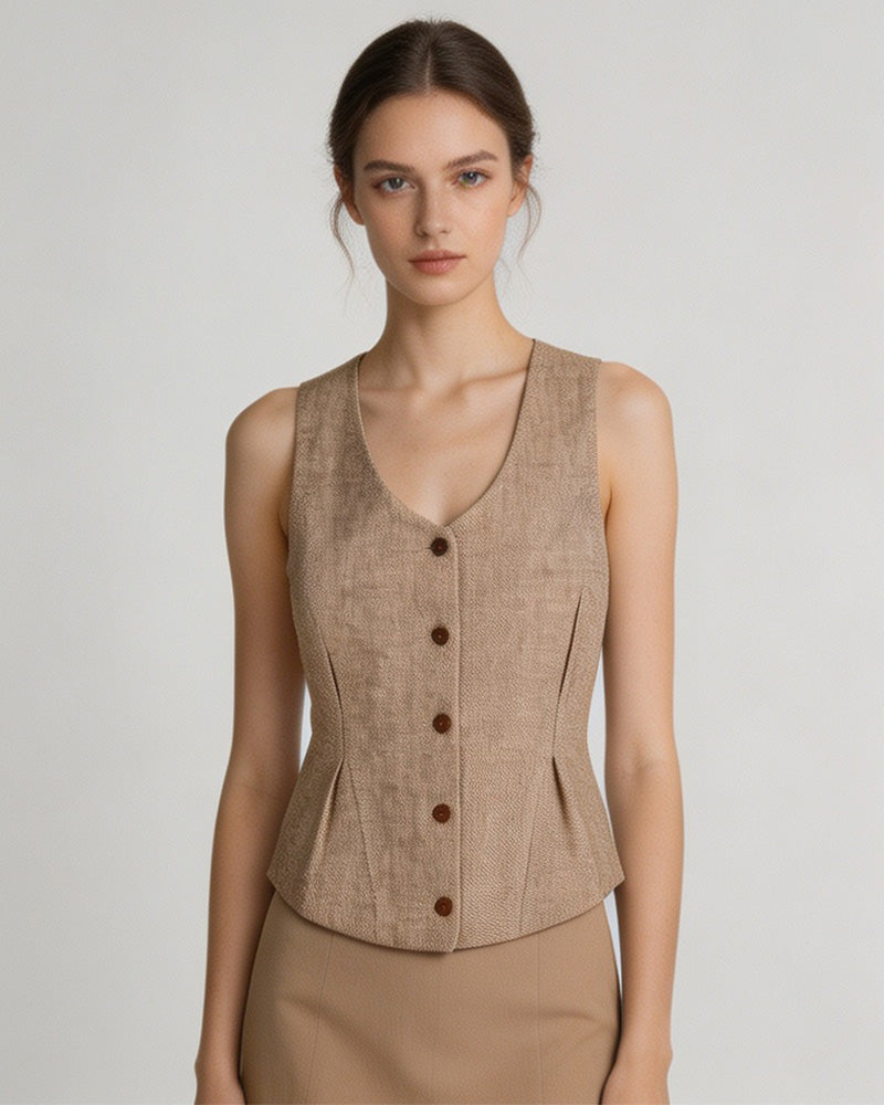 Vintage Linen U-Neck Waist-Cinching Vest Suitpure