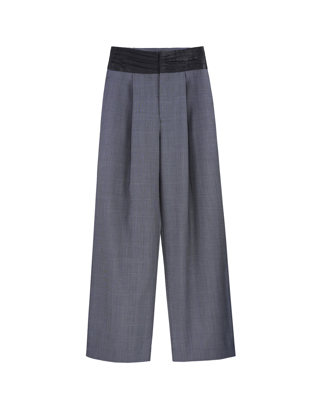 Dark Grey Prince of Wales Check Satin‑Trim Pleated Straight‑Leg Trousers | 100% Wool