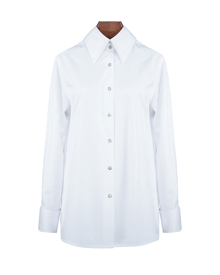 Elegant Summer White Tencel Cotton Blouse Wide Pointed Collar Suitpure
