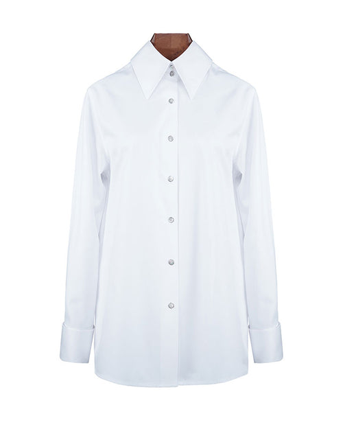 Elegant Summer White Tencel Cotton Blouse Wide Pointed Collar Suitpure
