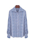 Women Lightweight Blue Vertical Stripe Long Sleeve Blouse Suitpure