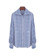 Women Lightweight Blue Vertical Stripe Long Sleeve Blouse Suitpure