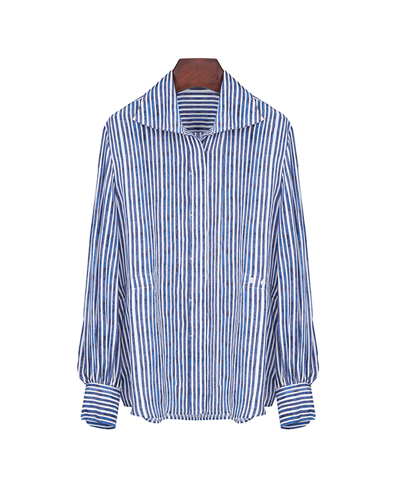 Women Lightweight Blue Vertical Stripe Long Sleeve Blouse Suitpure