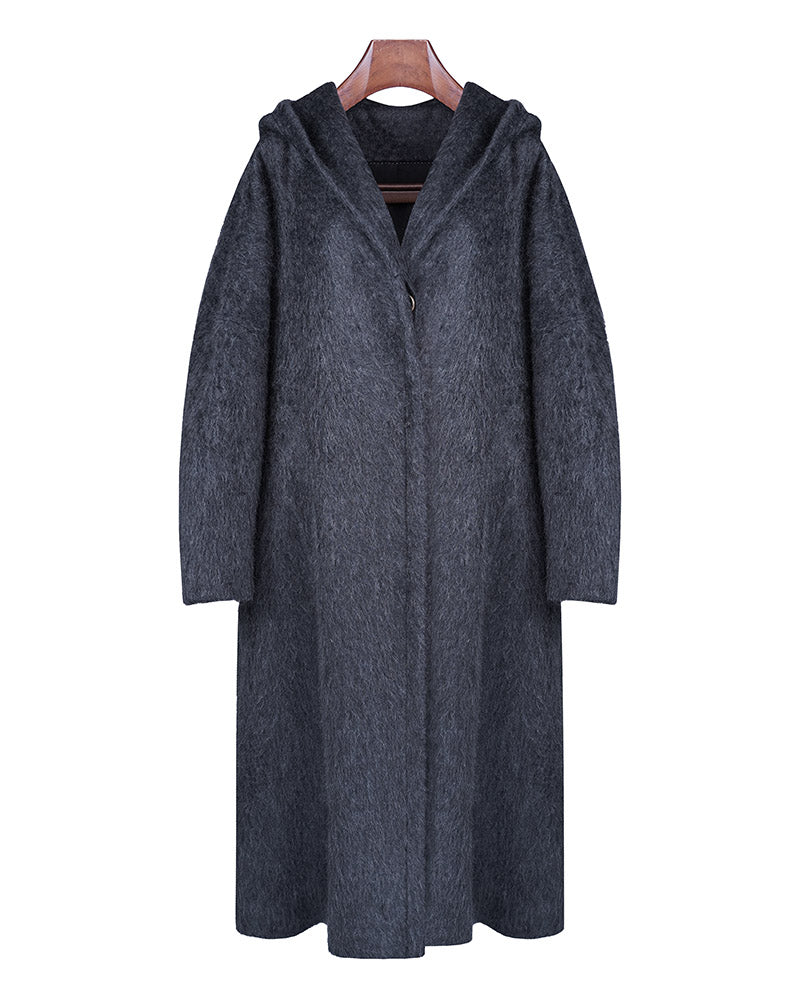 Hooded Yak Wool Coat in Black-Grey