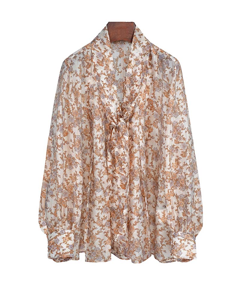 Women's Bow Tie Lantern Tencel & Viscose Floral Print Blouse Suitpure