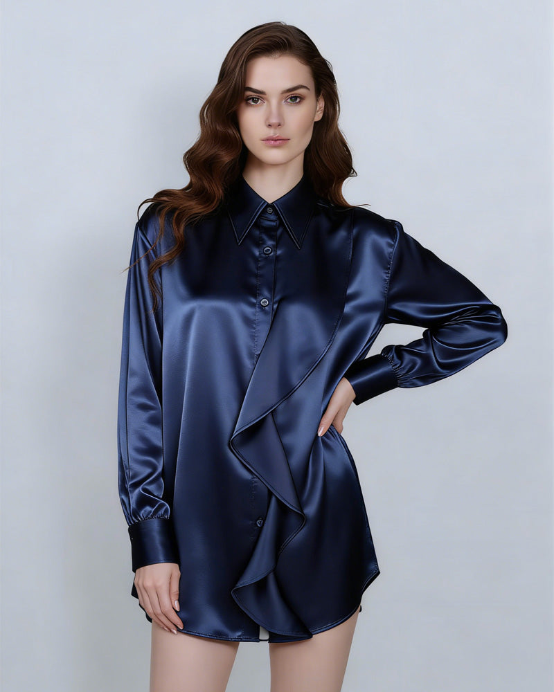 True Blue Ruffle Trim Blouse | Relaxed Fit Suitpure