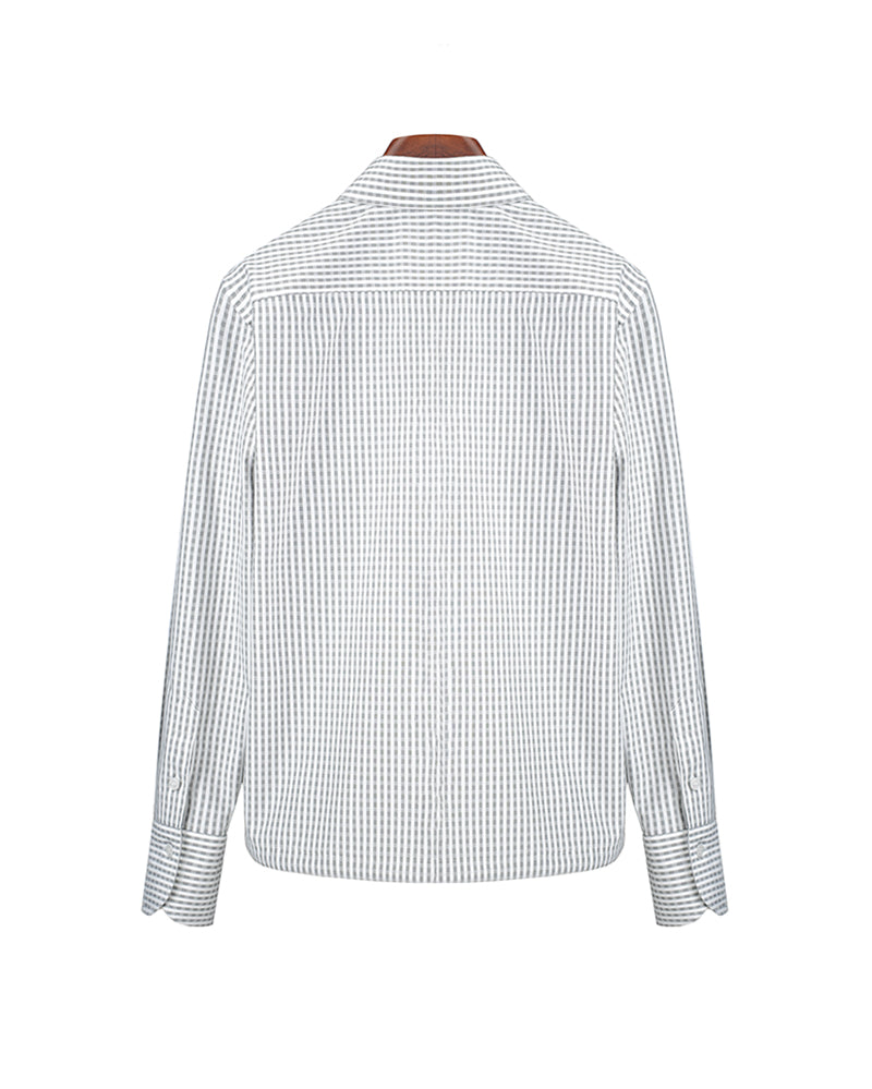 Simple Grey Plain Plaid Cropped Shirt with Gathered Hem