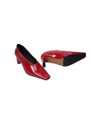 Women Bright Red Patent Leather Square Toe V Cut Block Heel Shoes Suitpure