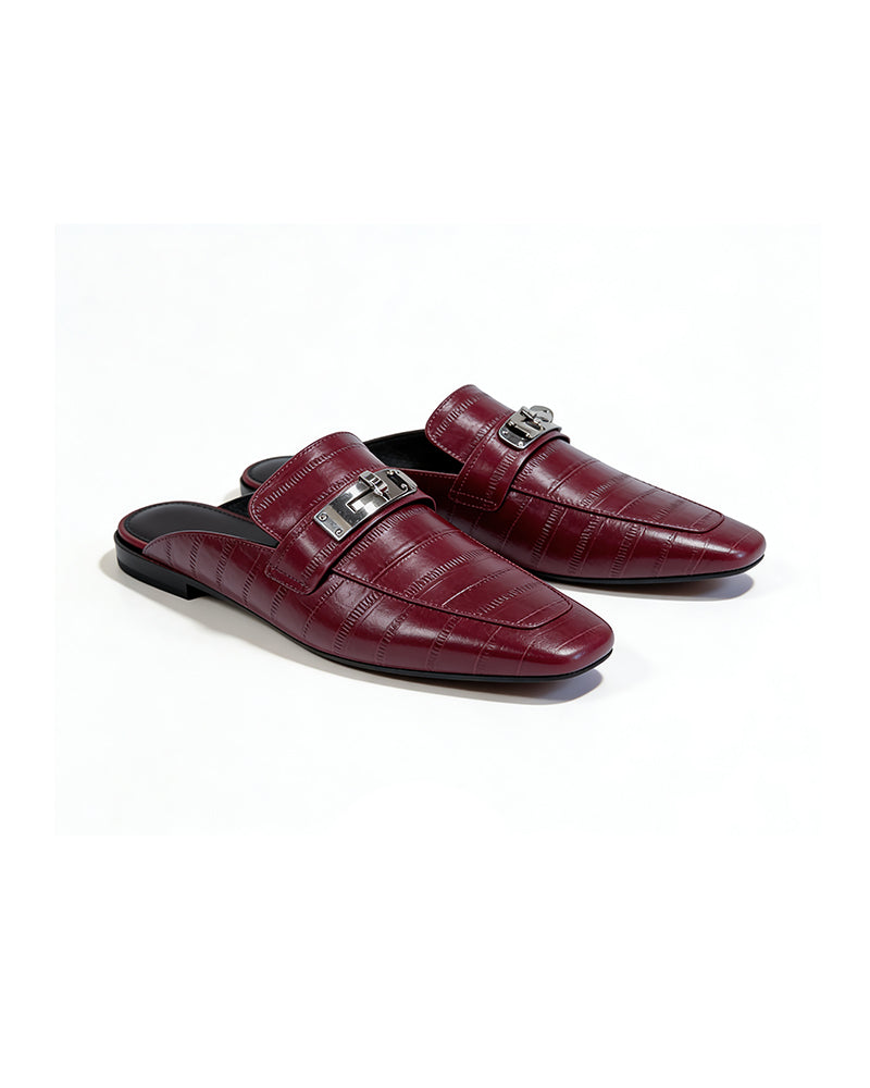 Burgundy Croc Embossed Leather Backless Mule Loafers for Women Commuter Shoes Suitpure