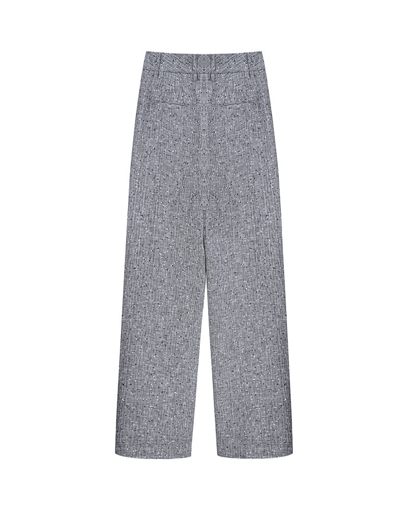 Black White Houndstooth Slub Linen High-Rise Wide-Leg Trousers Suitpure