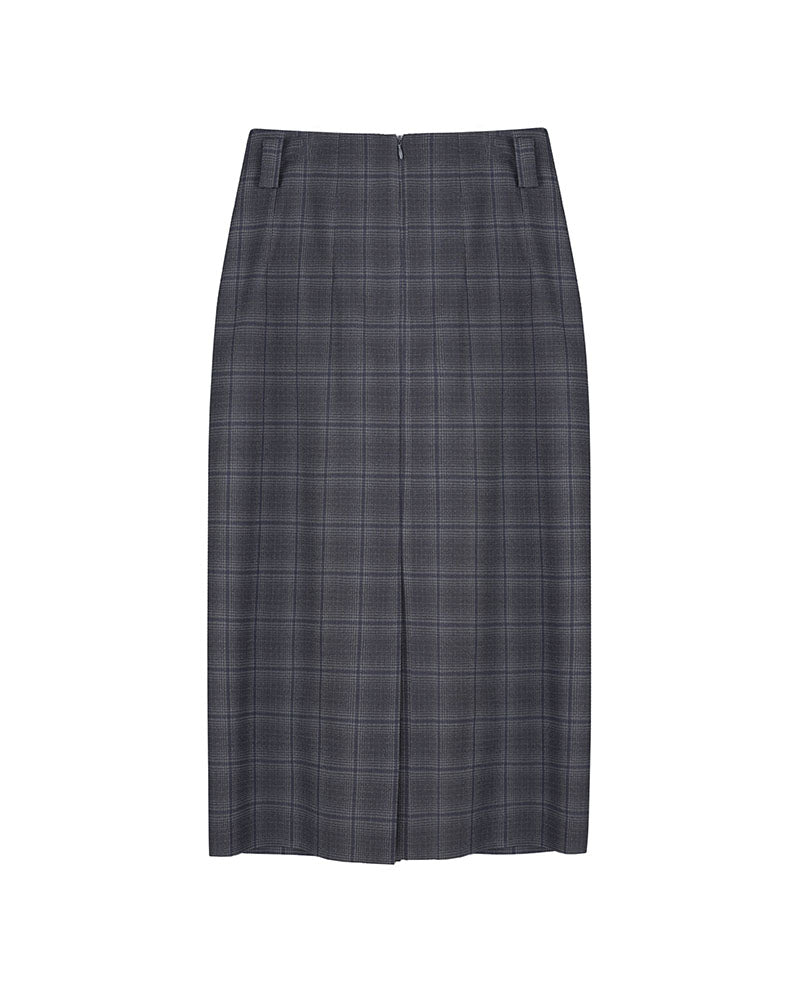 Grey Tone Welsh Plaid Straight Midi Skirt with Back & Front Slits