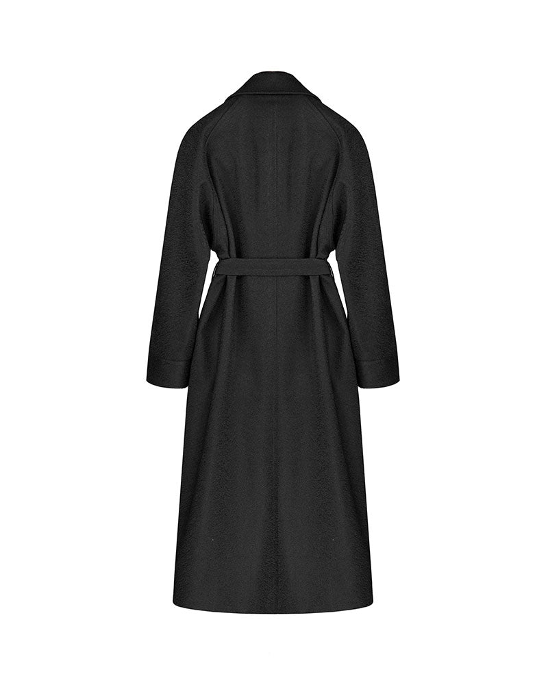 Black Twisted Silk Texture Wide Lapel Trench Coat