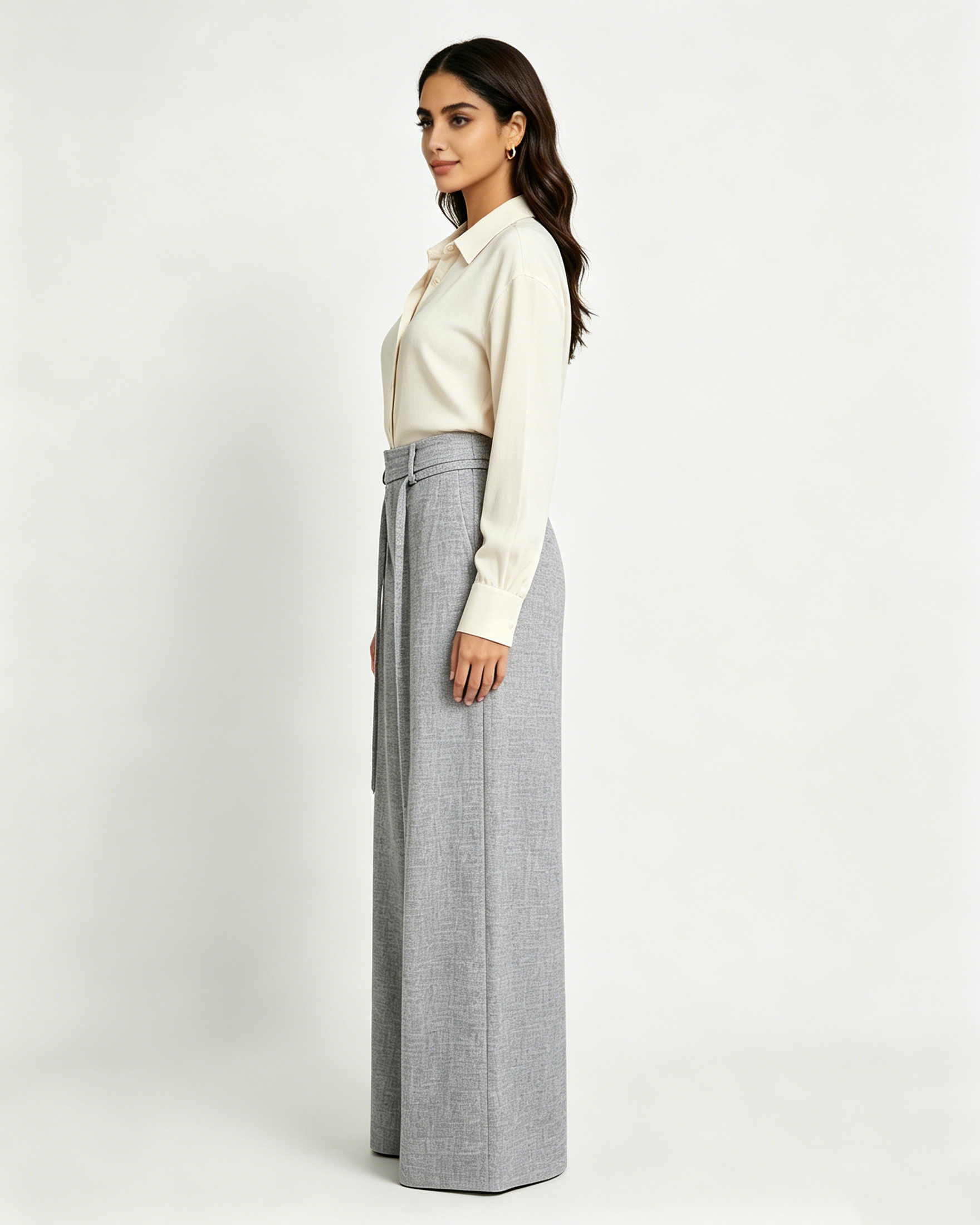 Women’s Belted Grey High Waist Belted Wide Leg Trousers Suitpure