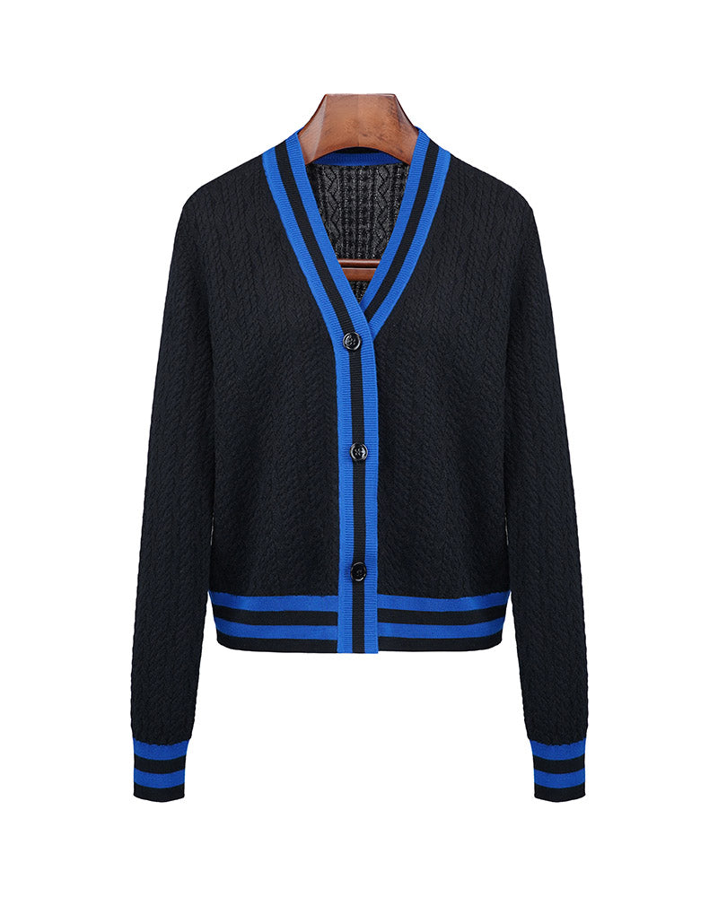 Color Block Cable Knit Cardigan in V-Neck