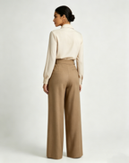 Women Modest Camel Wool Blend High Rise Wide Leg Trousers Suitpure