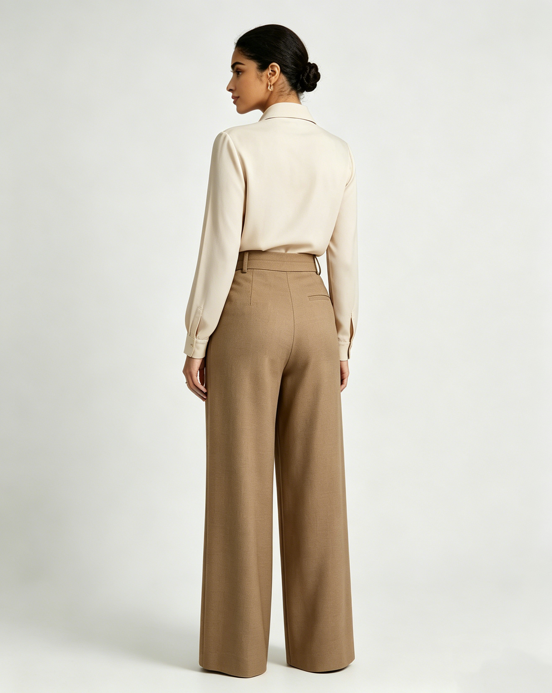Women Modest Camel Wool Blend High Rise Wide Leg Trousers Suitpure