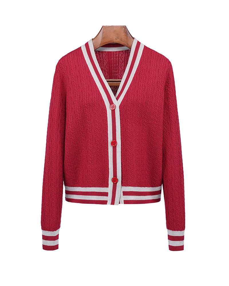 Color Block Cable Knit Cardigan in V-Neck