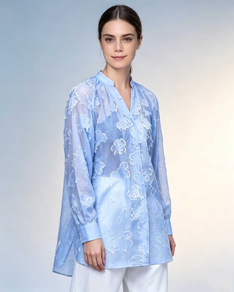 Relaxed Fit Light Blue Textured Jacquard Long Sleeve Blouse