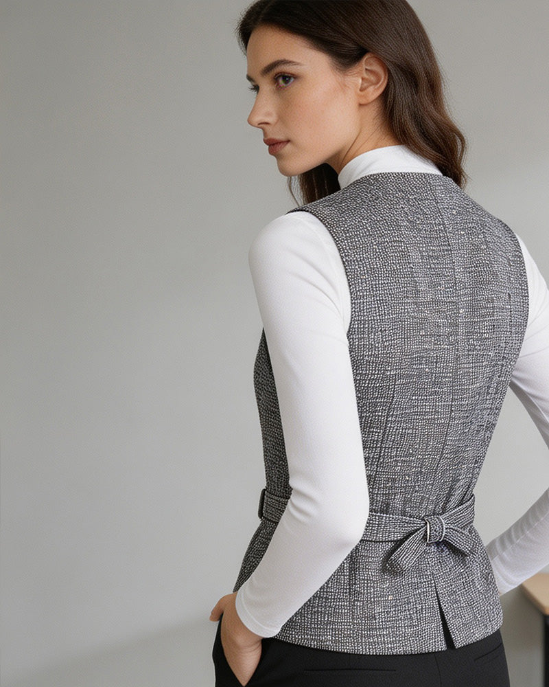Black White Houndstooth Slub Linen Adjustable Vest Suitpure