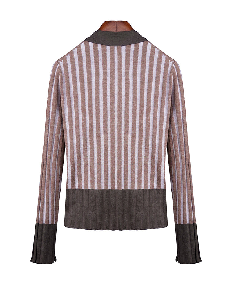 Vertical Stripe Color-Block Lapel Cardigan