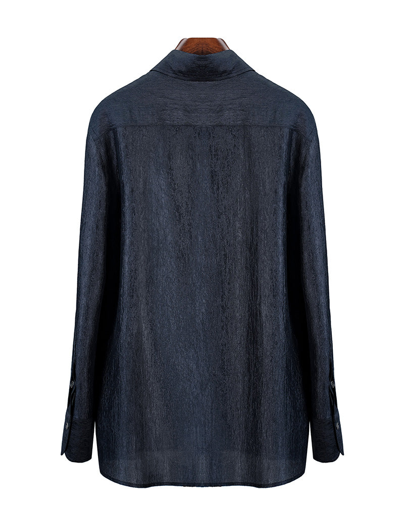 Navy Blouse with Self-Tie Ribbon Detail