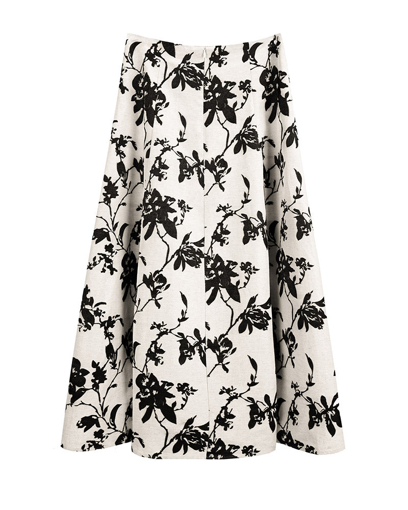 Cotton Linen Blend A-Line Skirt with Jacquard Pattern