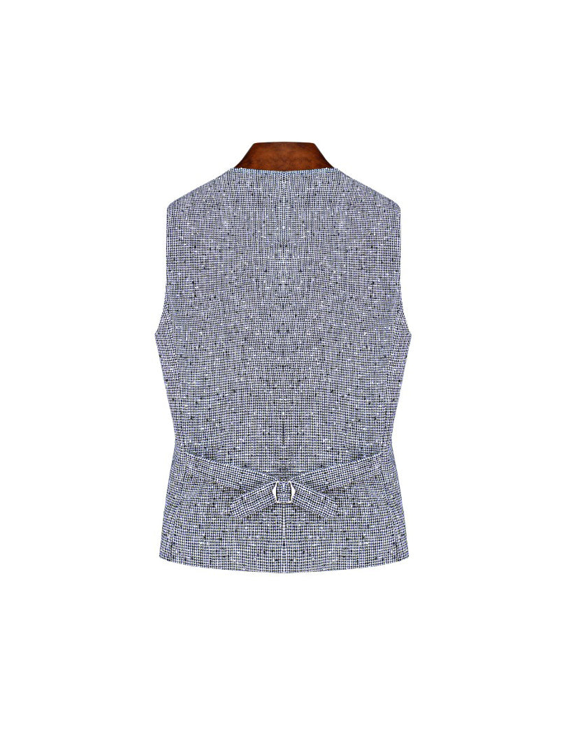 Black White Houndstooth Slub Linen Adjustable Vest Suitpure
