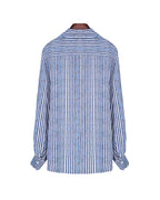 Women Lightweight Blue Vertical Stripe Long Sleeve Blouse Suitpure