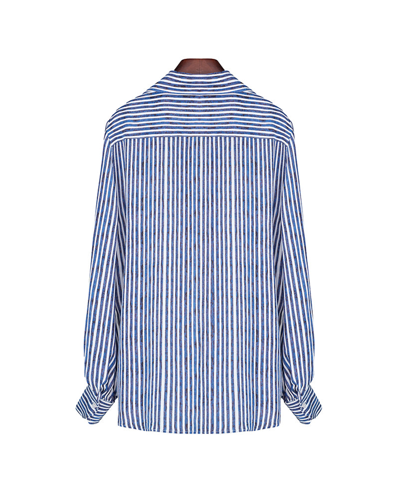 Women Lightweight Blue Vertical Stripe Long Sleeve Blouse Suitpure