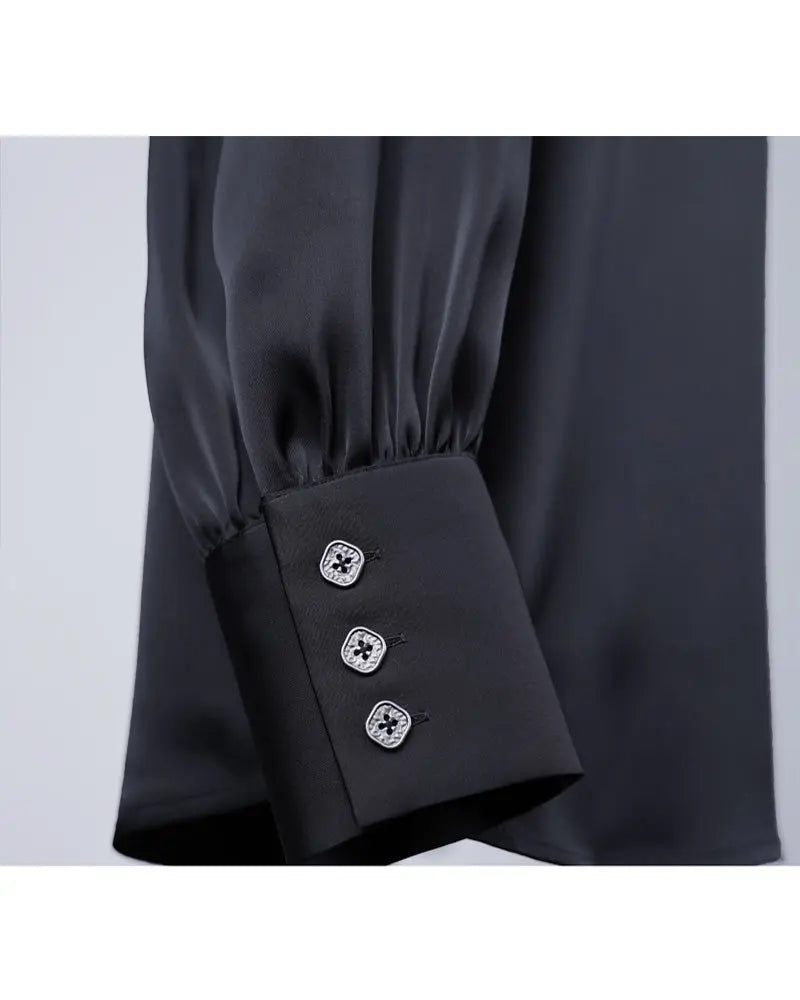 Deep Black Draped Blouse with Self-Tie Bow Detail Suitpure