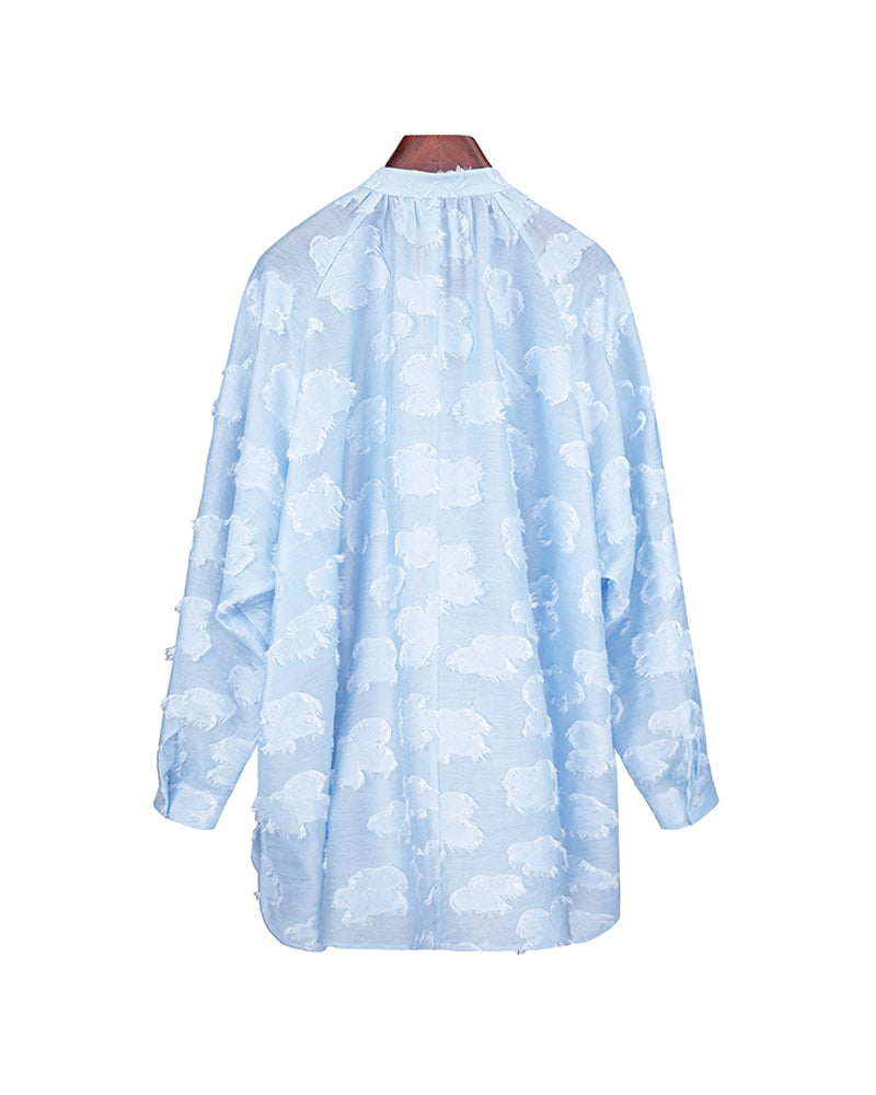 Relaxed Fit Light Blue Textured Jacquard Long Sleeve Blouse